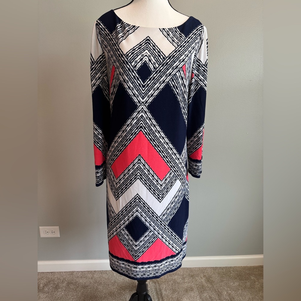 Vince Camuto Chevron Long Sleeve Sheath Dress - Navy, White, Coral, size 14